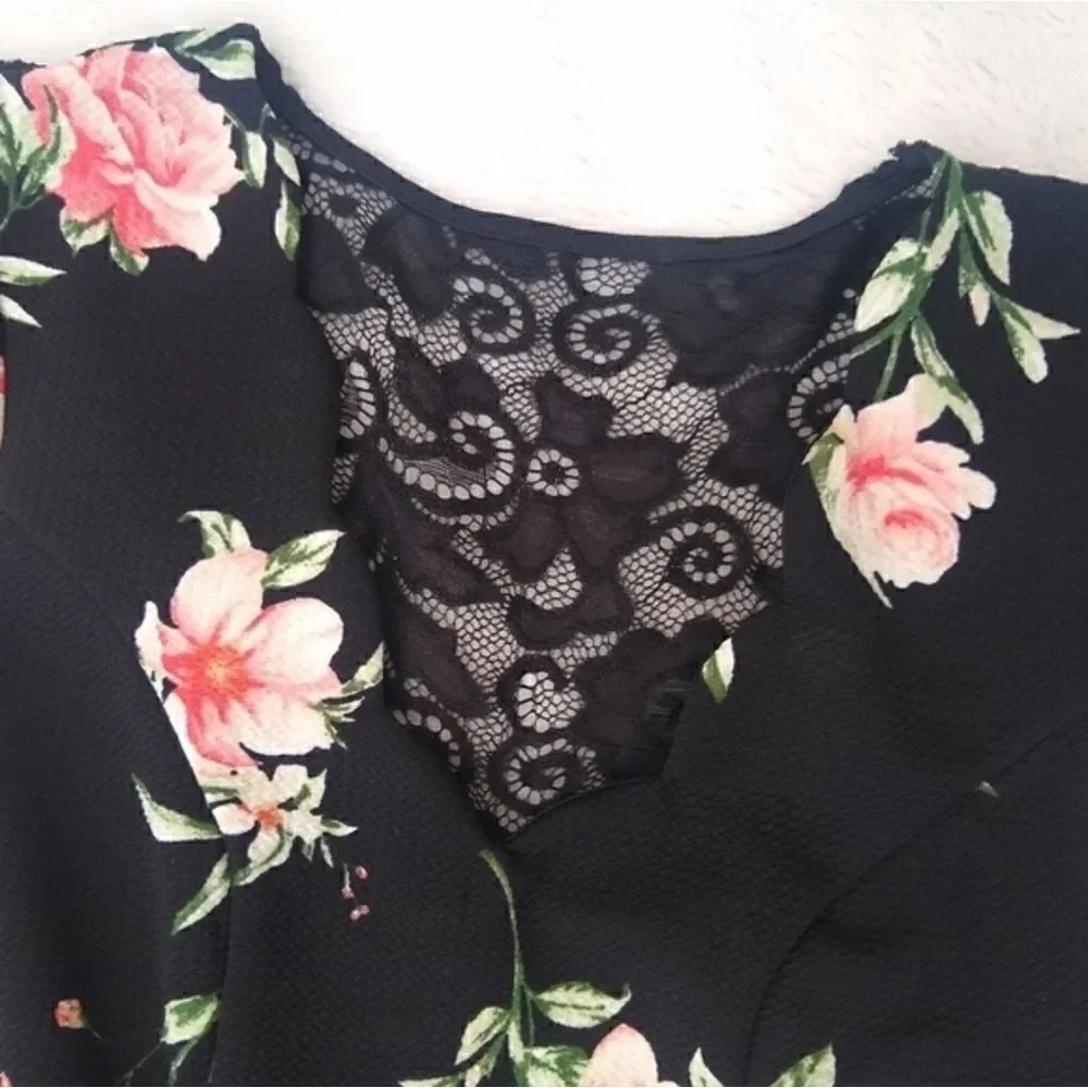 3 Pink Hearts xs black and floral dress spring mini dress summer vneck lace back